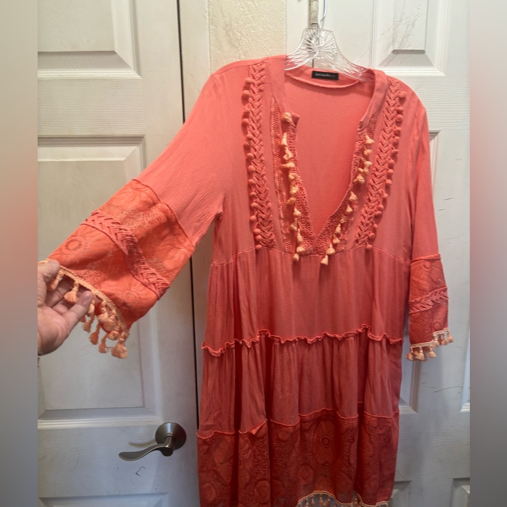 Boho Tassel V-Neck Swim Coverup in Coral